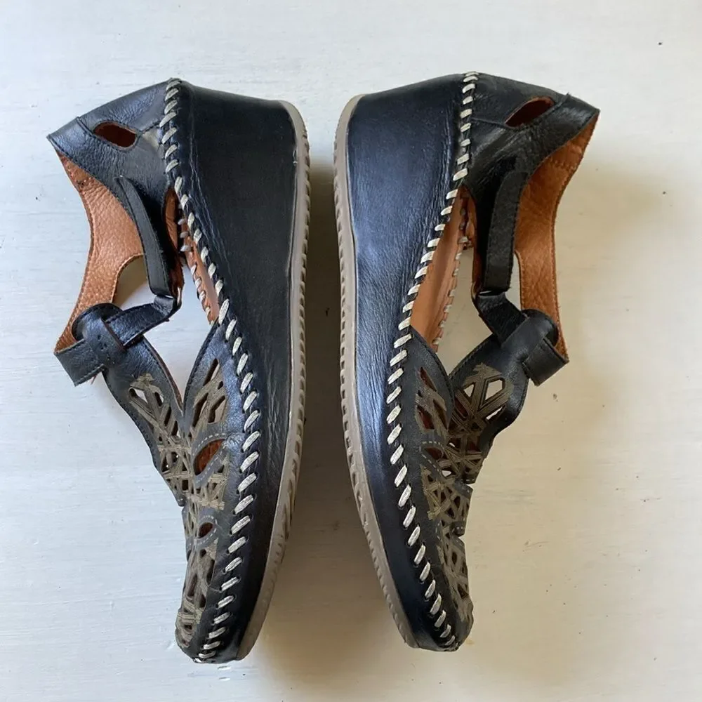 Biza Genuine Soft Leather Lazer Cutout T-Strap Wedge Shoes EUR  38